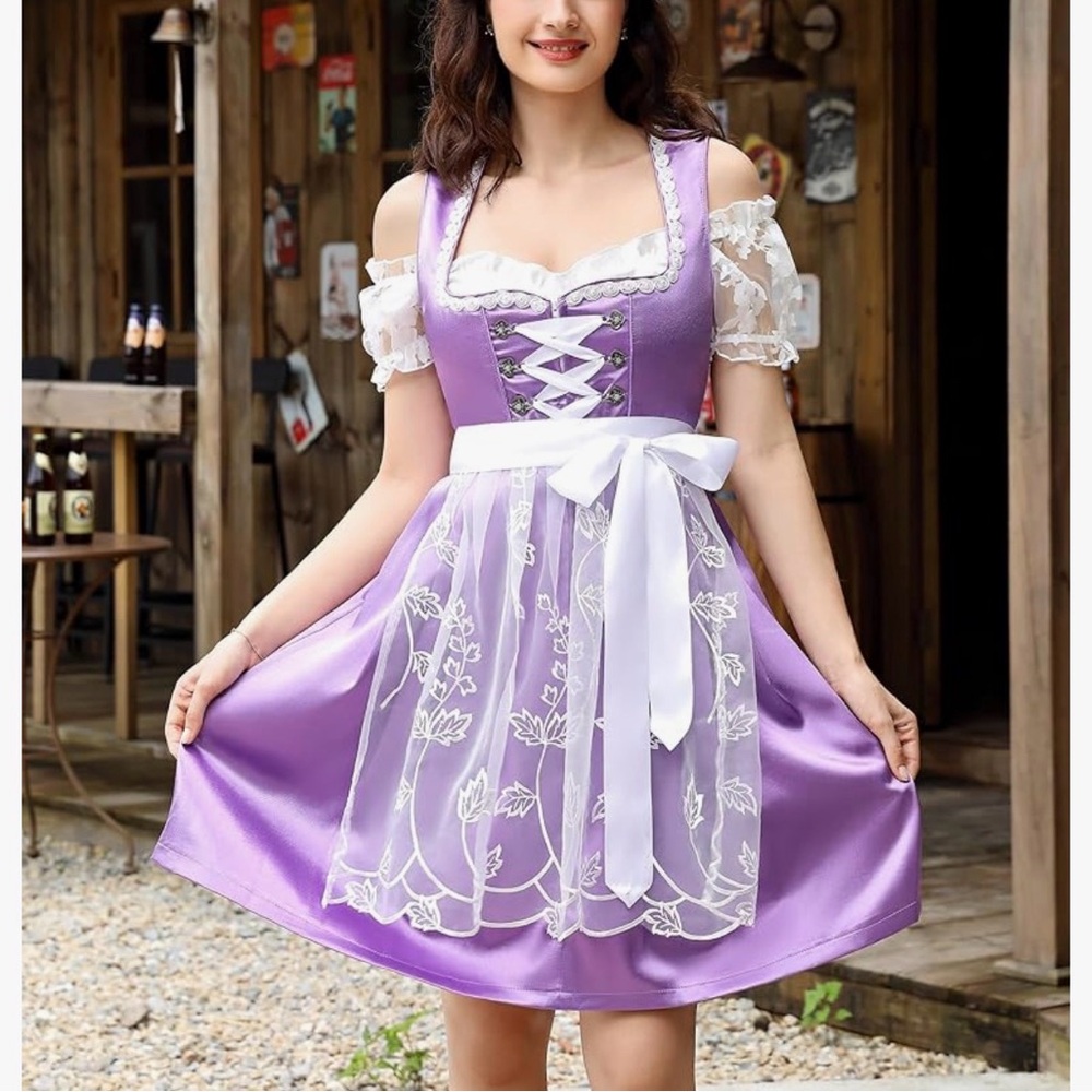 Lavender Satin German Dirndl Dress with White Lace Apron | Adult Medium